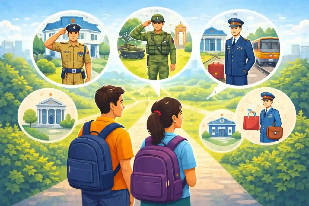 Illustration of Indian students exploring government job options after 12th such as Police, Defence and Railways