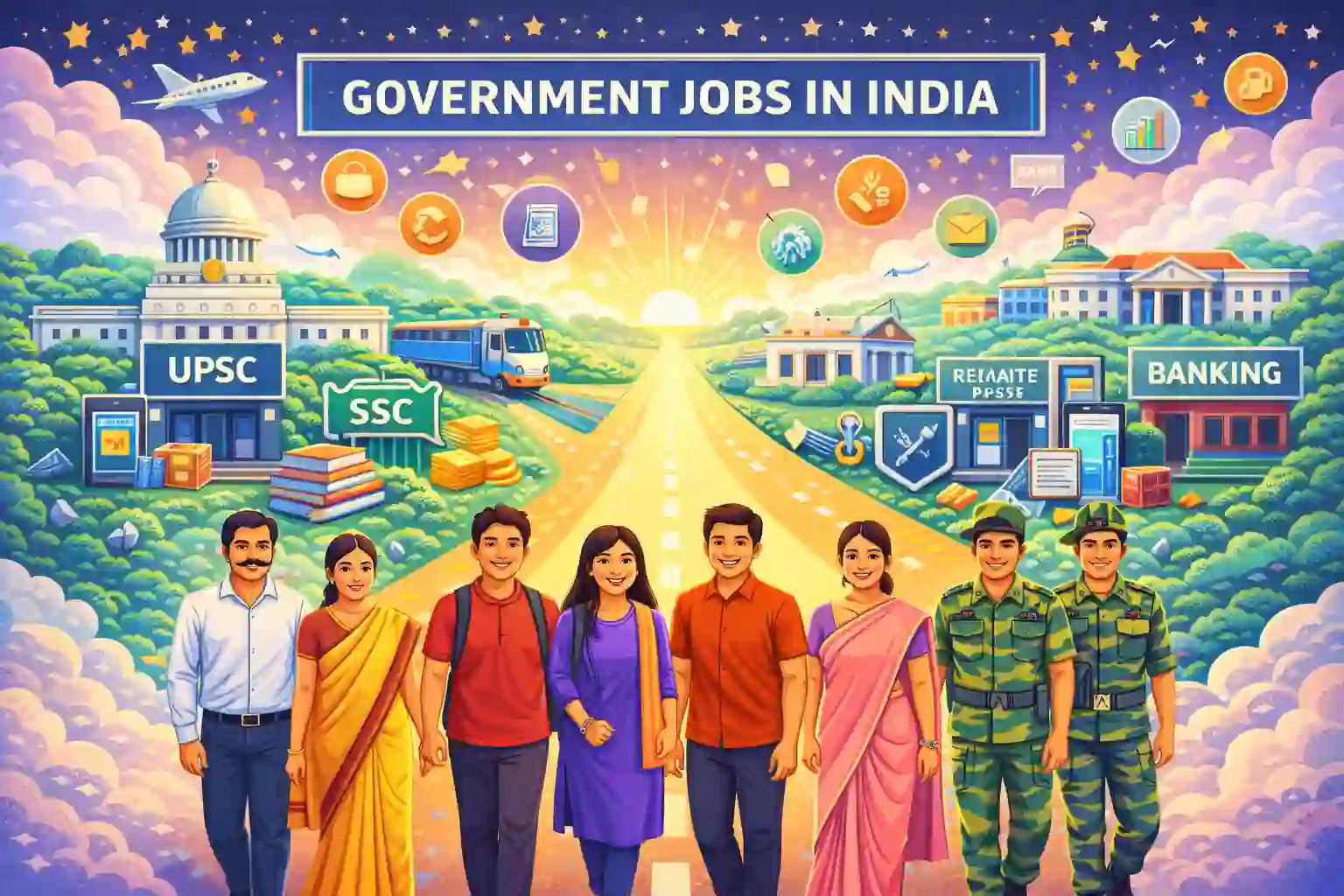 Government Jobs in India – Career Paths - Illustration showing young Indian youth following different government job career paths in India