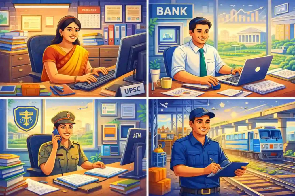 government-jobs-india-professionals-at-work - Illustration showing Indian government professionals working at desks and in field roles across different public sector careers
