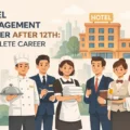 Hotel Management Career After 12th – Feature Image - Group of hotel management students in professional uniforms standing in front of a hotel building representing career opportunities after 12th in hospitality industry