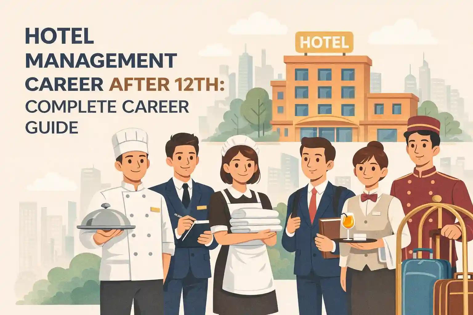 Hotel Management Career After 12th – Feature Image - Group of hotel management students in professional uniforms standing in front of a hotel building representing career opportunities after 12th in hospitality industry