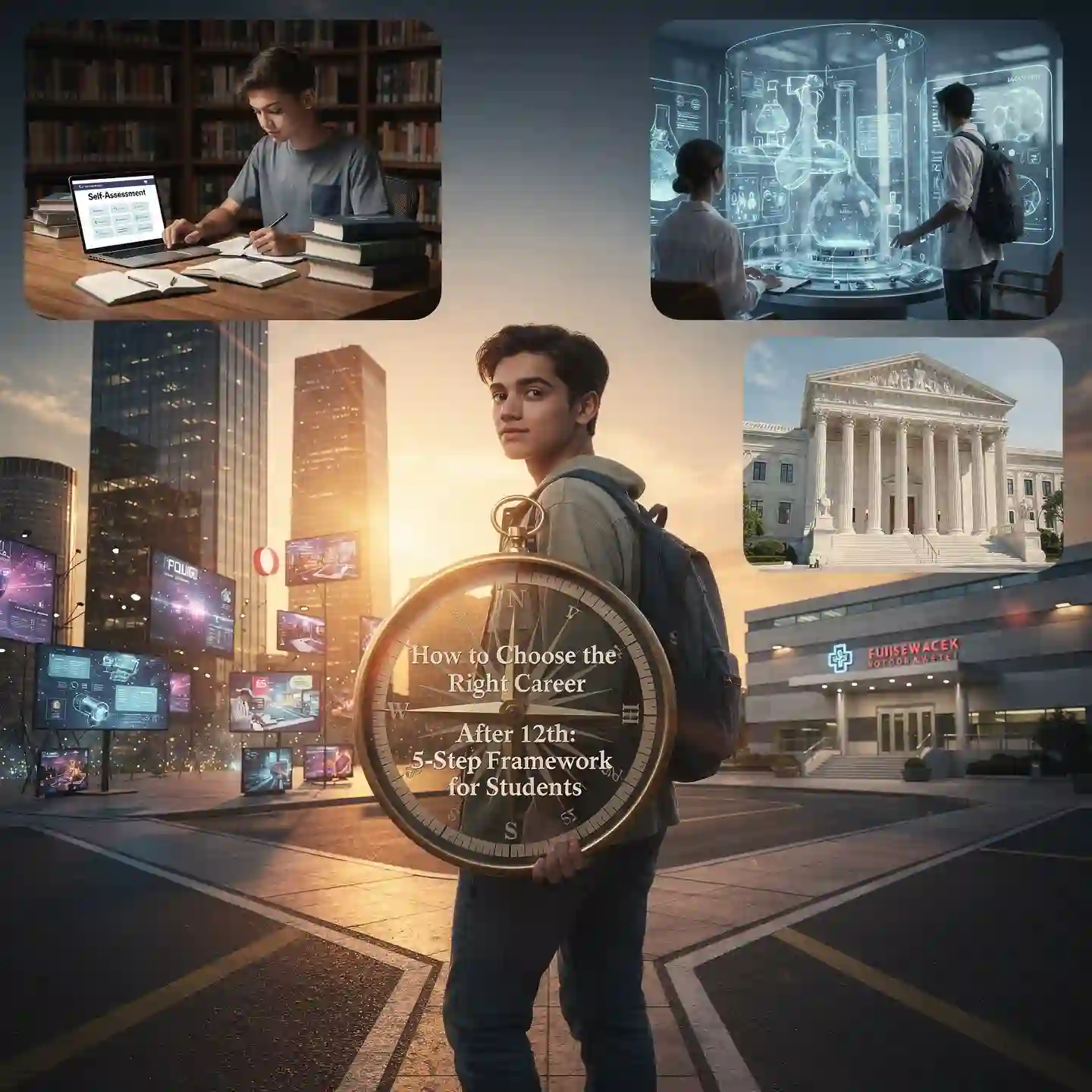 How to choose the right career after 12th: Student exploring 5-step framework with self-assessment, research, and action plan