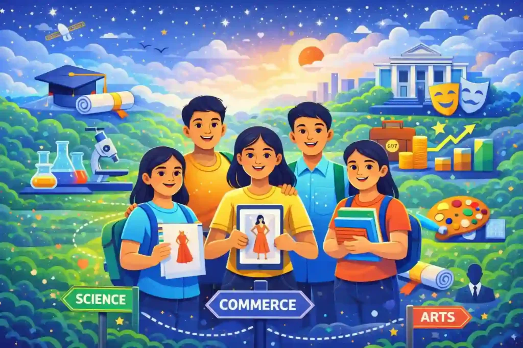 Illustration showing Indian students exploring education and career paths after 12th in India