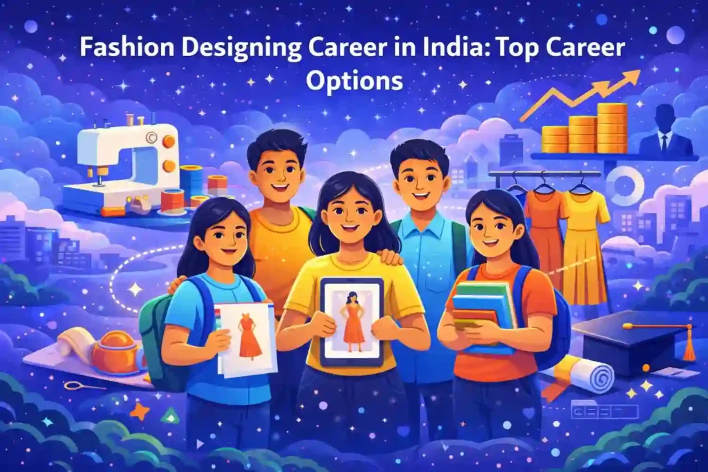 Illustration of Indian students exploring fashion designing career options in a creative environment