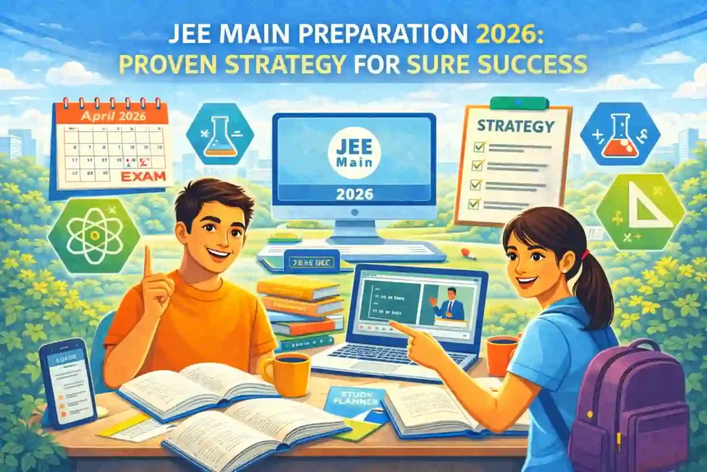 Illustration of students preparing for JEE Main 2026 with study plan, strategy checklist and exam focus