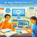 Illustration of students preparing for JEE Main 2026 with study plan, strategy checklist and exam focus