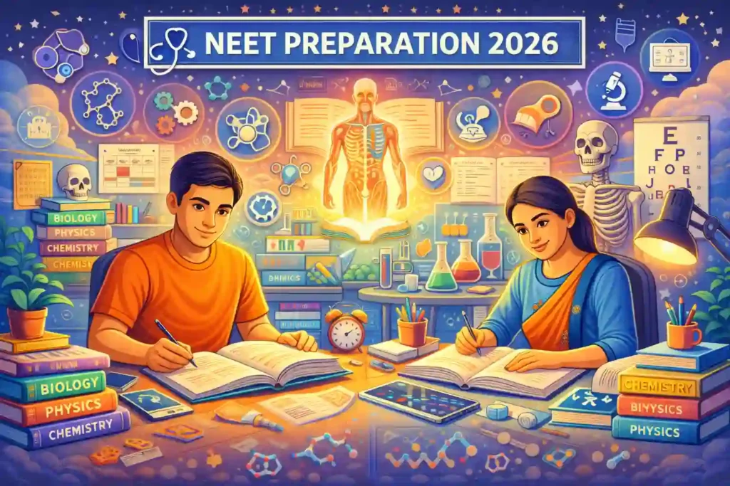 Illustration showing medical aspirants studying with focus and discipline for NEET preparation