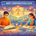 Illustration showing medical aspirants studying with focus and discipline for NEET preparation