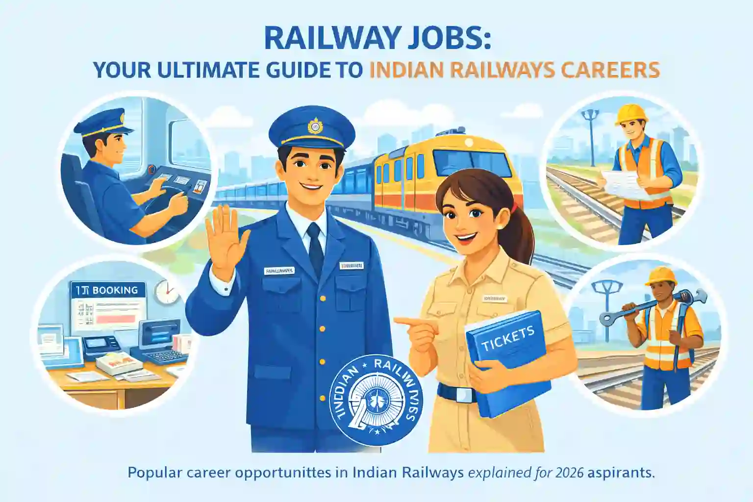 Railway Jobs – Indian Railways Careers Guide 2026 - Illustration showing Indian Railways career options including officers, ticketing and technical jobs