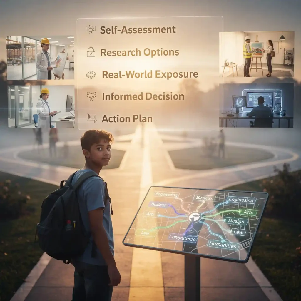 Student exploring career options after 12th through 5-step framework: self-assessment, research, exposure, decision, action plan