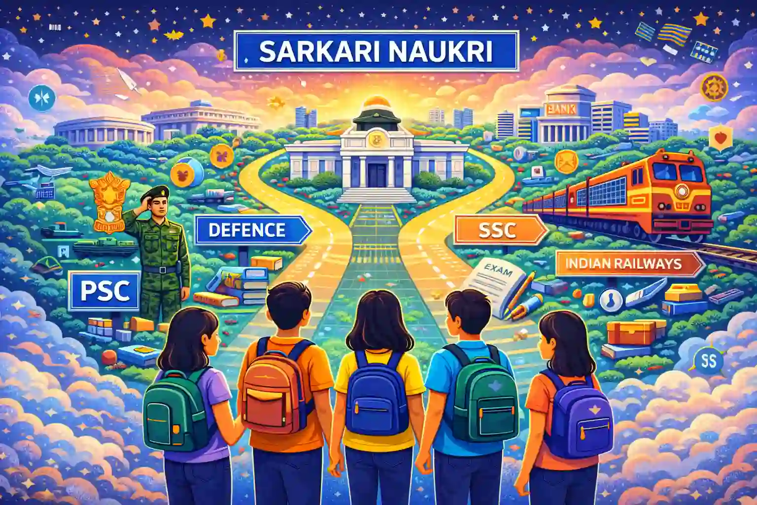 Illustration showing Indian students and aspirants preparing for sarkari naukri and government exams in India