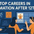 Top Careers in Animation After 12th - feature image - Flat vector illustration of students learning animation and 3D design, representing top animation careers after 12th in India for 2026.