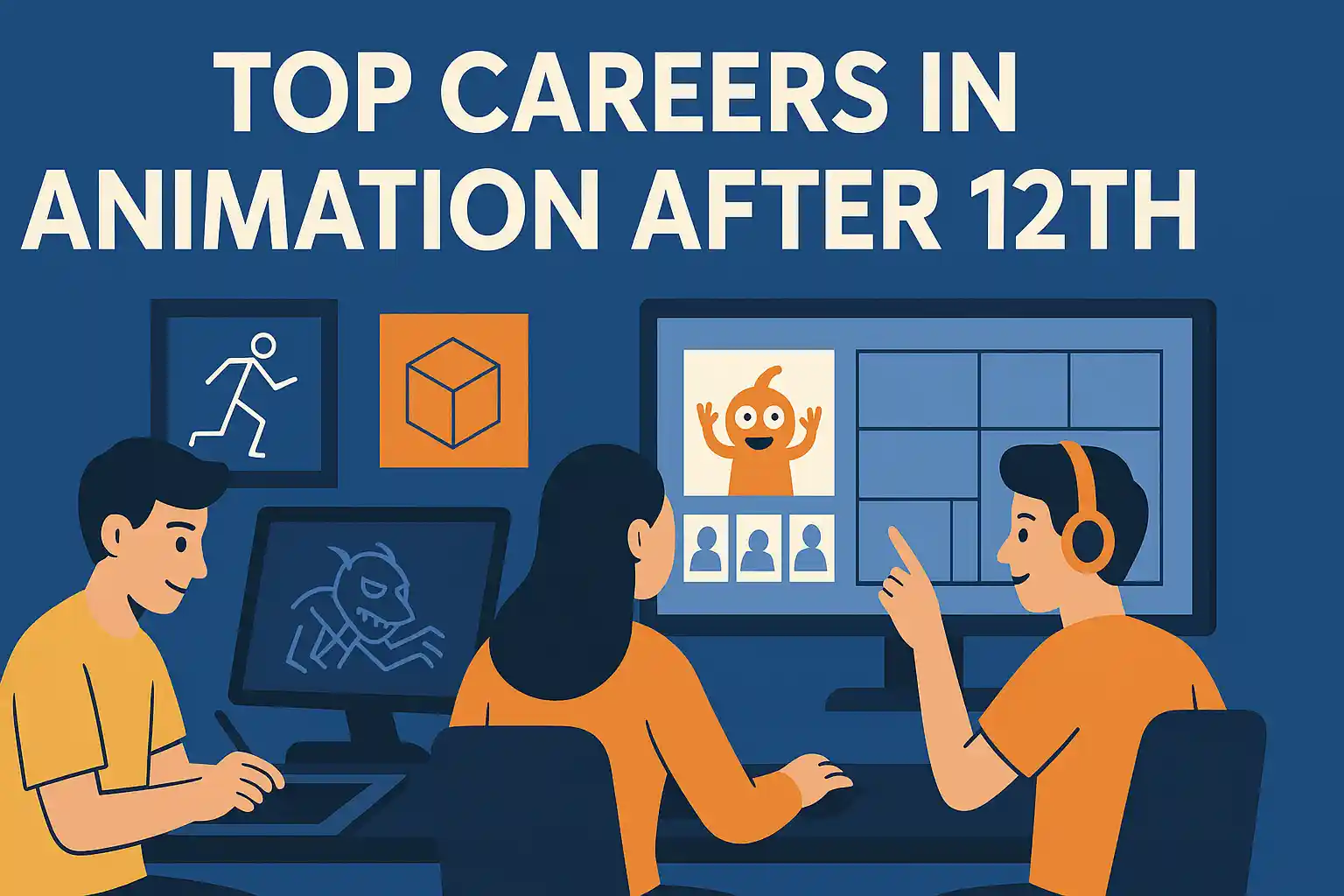 Flat vector illustration of students learning animation and 3D design, representing top animation careers after 12th in India for 2026.