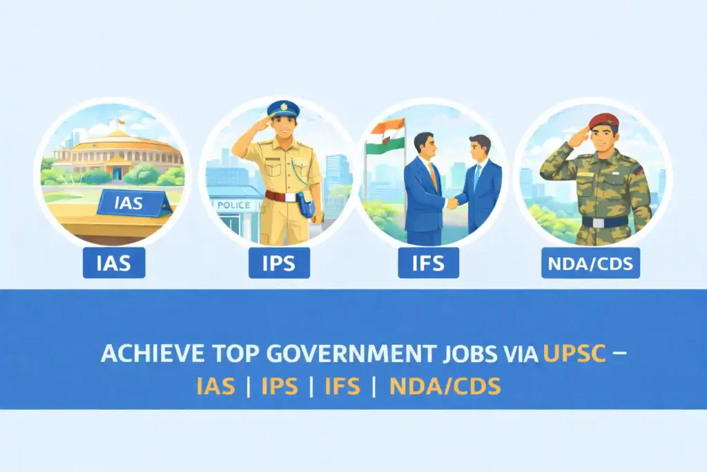 Footer infographic showing UPSC career options including IAS, IPS, IFS and NDA CDS