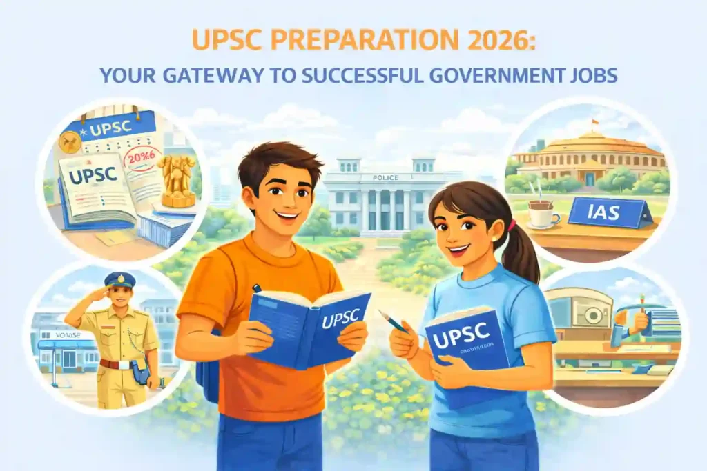 Illustration of two students preparing for UPSC 2026 to achieve successful government jobs in India