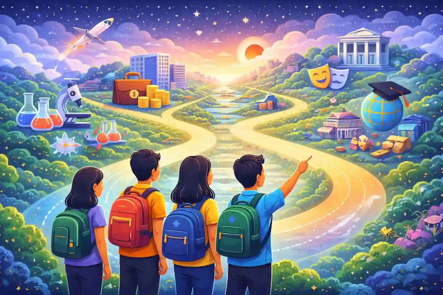 Illustration of Indian students exploring education and career options after 12th in India