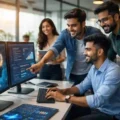 AI Engineers Collaborating in a Modern Tech Office in India - Indian AI engineers working on machine learning projects in a modern office environment.