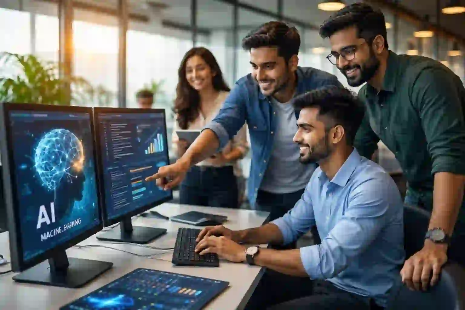 Indian AI engineers working on machine learning projects in a modern office environment.