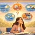 Student thinking about career options like IT, Law, and Science.