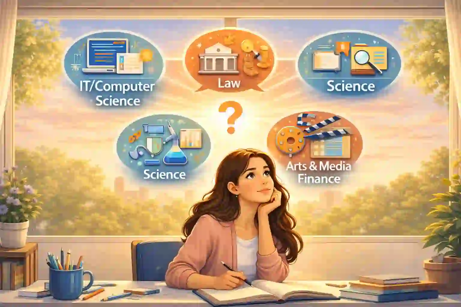 Student thinking about career options like IT, Law, and Science.
