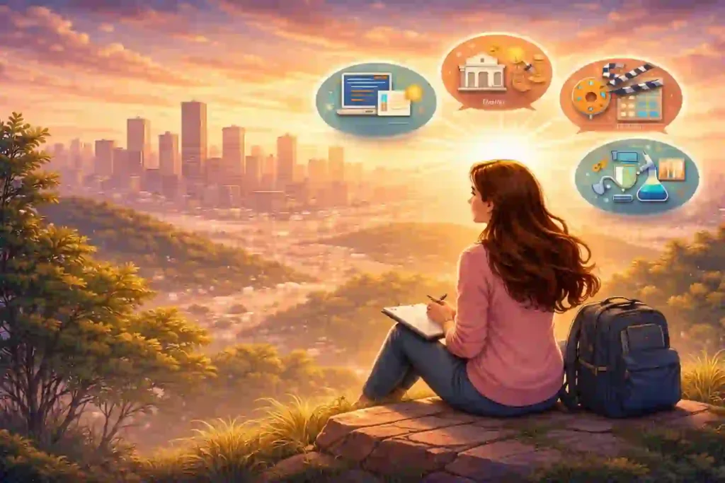 Best Career for Me:: A young woman sits on a hill at sunset, overlooking a glowing city and imagining future career paths with icons representing IT, Law, Science, and the Arts.