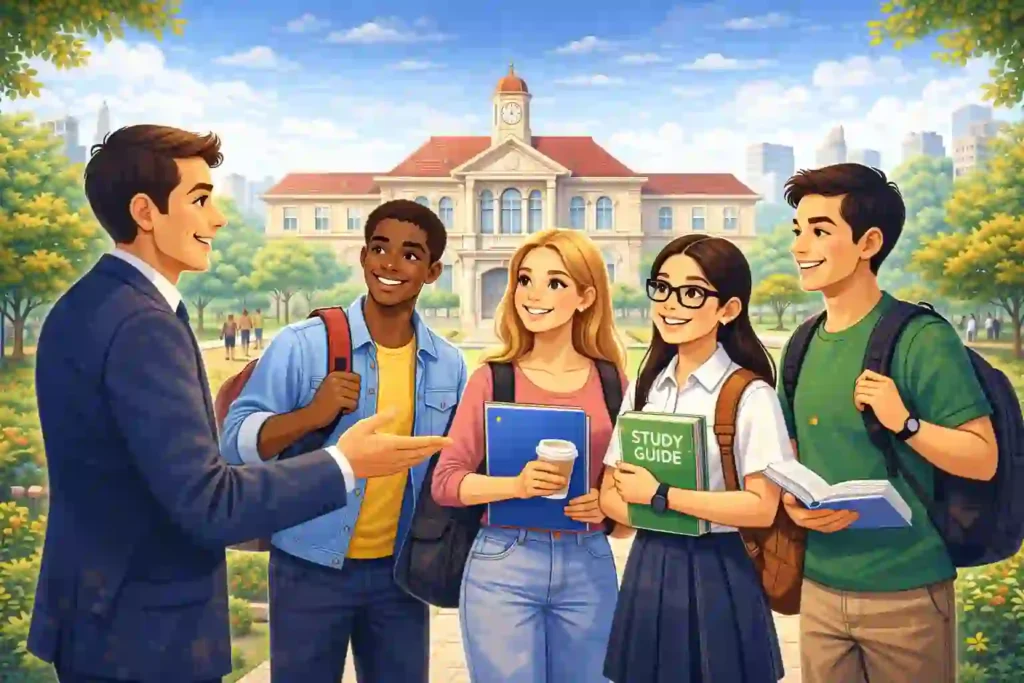 Best Private Colleges: Illustration showing students interacting on a private college campus, representing quality education choices.