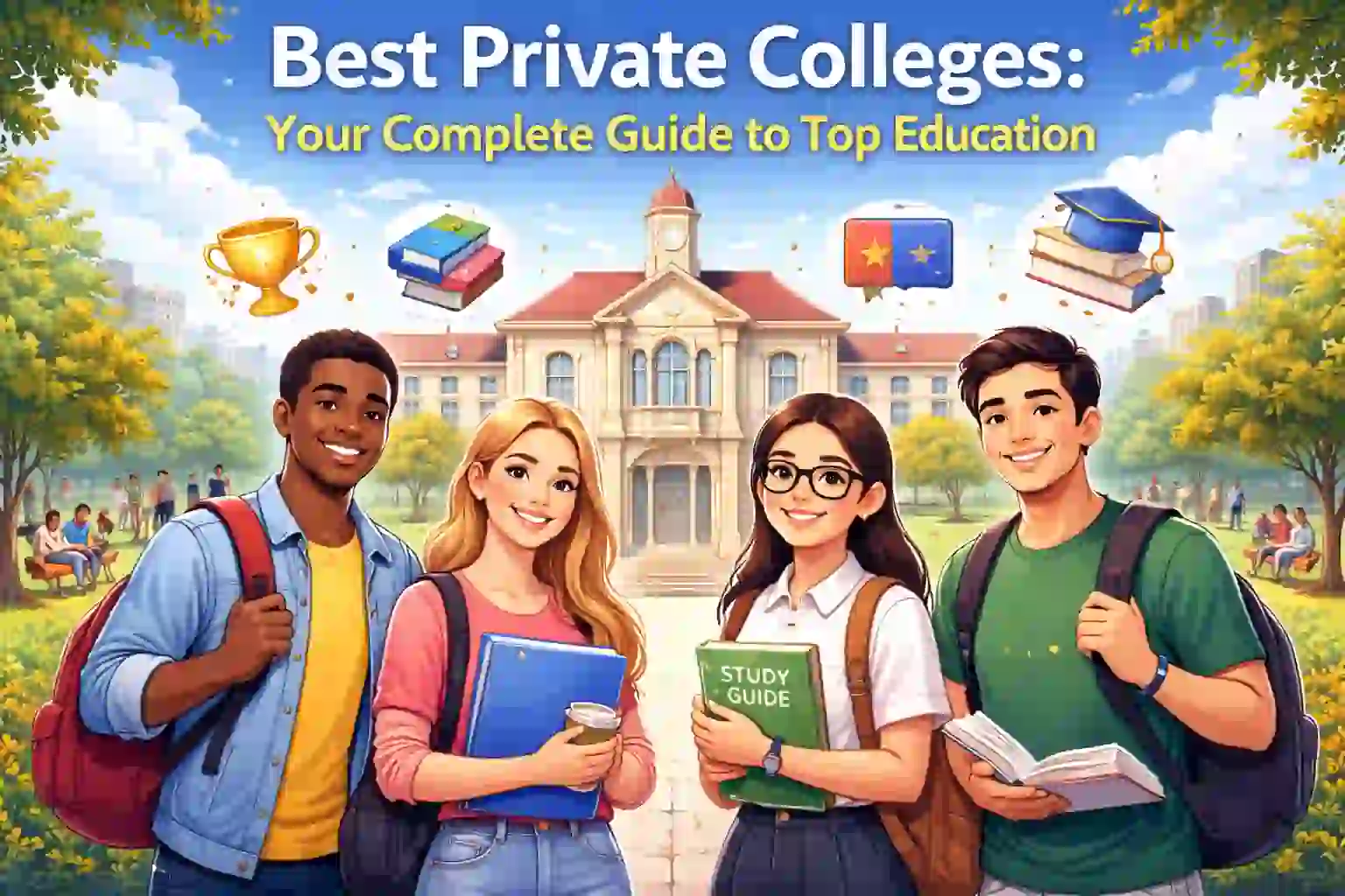 Students standing at a private college campus for higher education