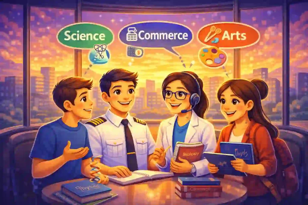 Best Stream After 10th: Illustration showing students discussing and choosing the right academic stream after 10th.