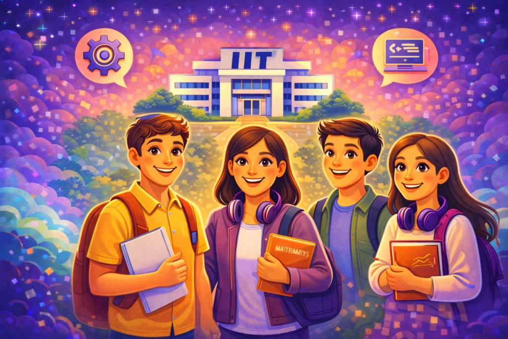 B.Tech Colleges in India: Smiling students standing on a college campus preparing for tech careers