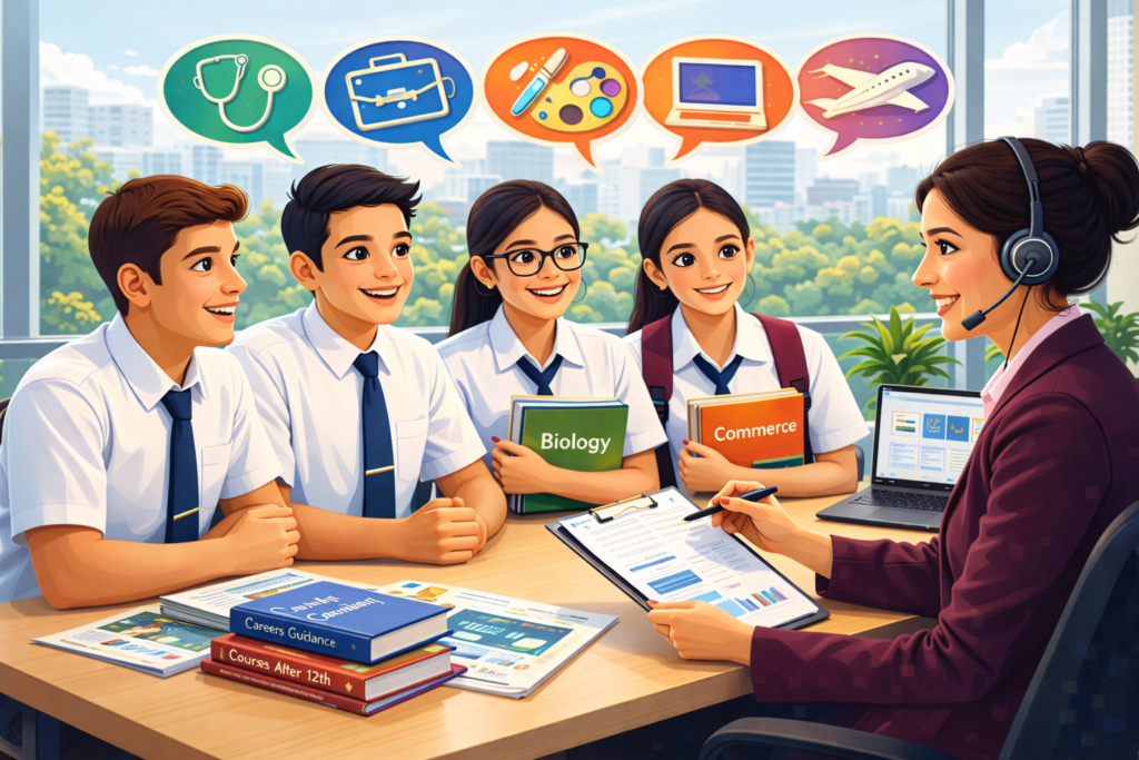 Career Counselling After 12th: Illustration showing school students confidently discussing career choices with a career counsellor.