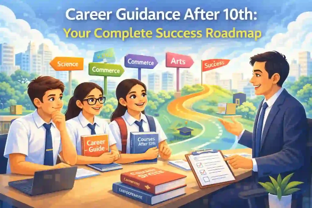 Career Guidance After 10th: Illustration showing students confidently exploring career guidance options after 10th.