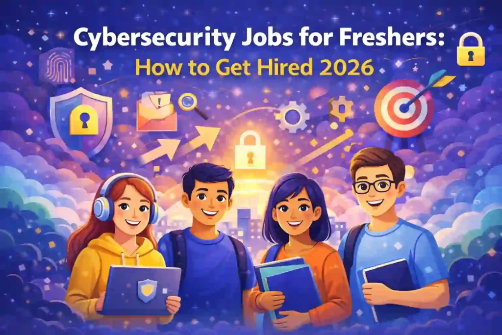 Cybersecurity Jobs for Freshers: illustration showing smiling freshers with books and laptops, surrounded by cybersecurity icons, representing how beginners can get hired in cybersecurity roles