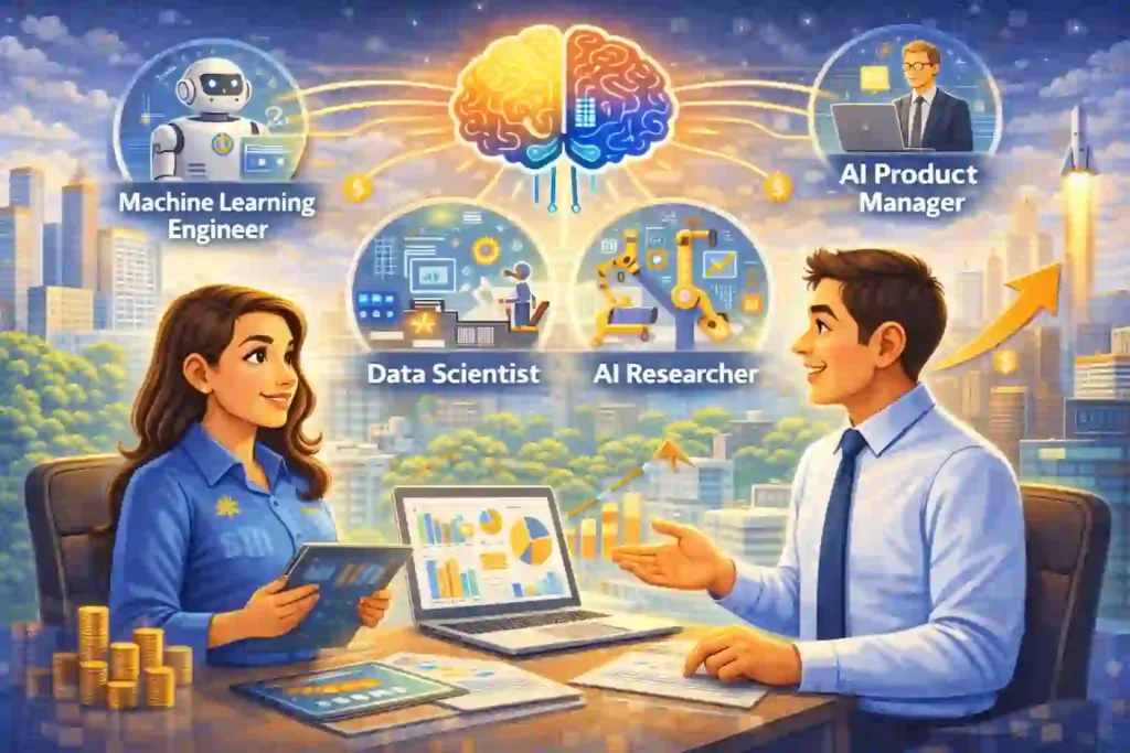 Data Science Career: Illustration showing professionals discussing data science and AI career opportunities in a modern work environment.