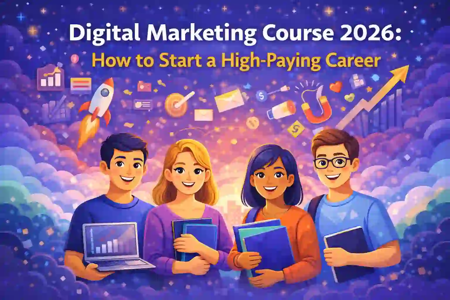 Students learning digital marketing skills for high-paying careers in 2026