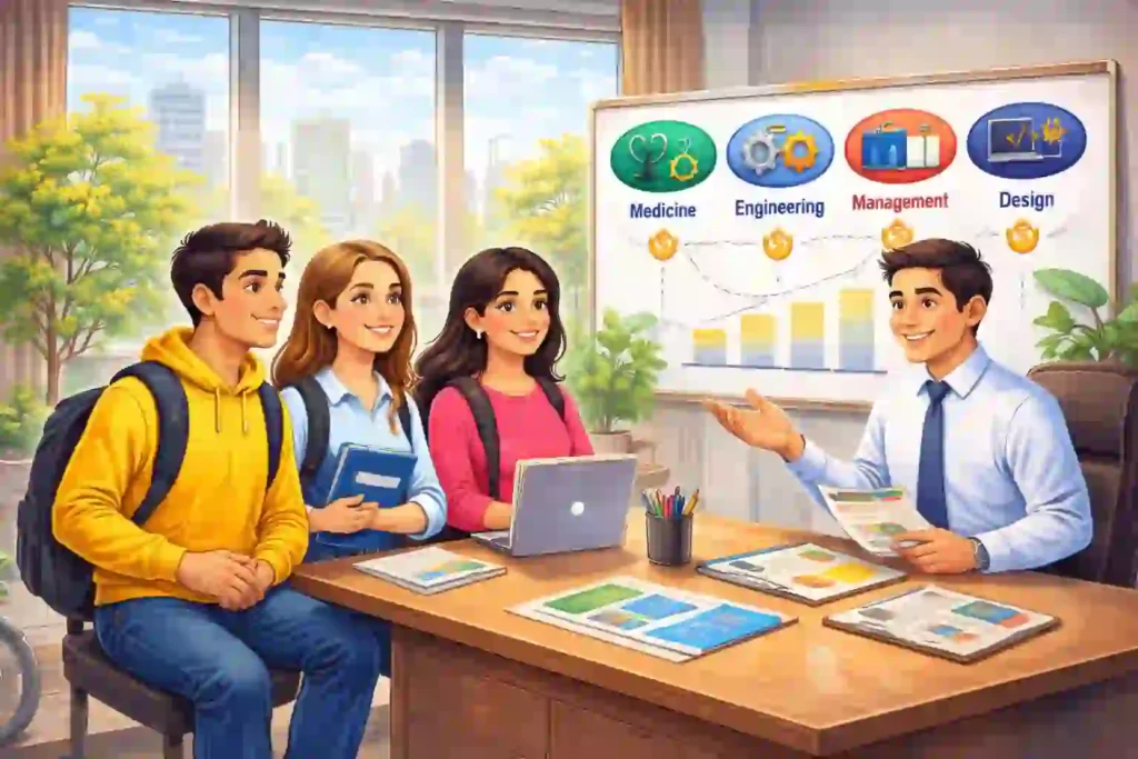 Students discussing professional courses after 12th with a career counsellor