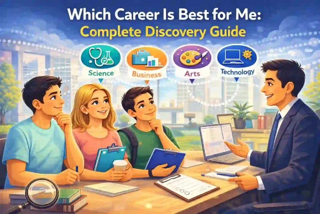 Which Career Is Best for Me: Illustration showing students thoughtfully discussing career choices with a career counsellor.