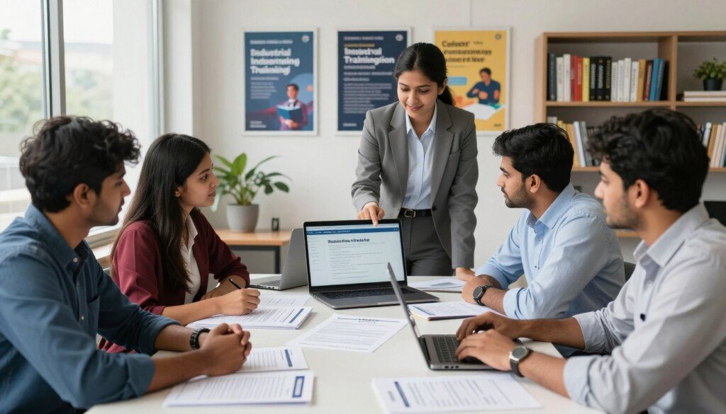 A bright and modern office setting filled with Indian students engaged in preparing their applications for industrial training. In the foreground, a diverse group of three students, dressed in professional business attire, are gathered around a table cluttered with resumes, cover letters, and laptops. In the middle ground, a career counselor is offering guidance, pointing at a laptop screen displaying application tips. The background features motivational posters about career development and a bookshelf filled with educational resources. Soft, natural lighting filters through a large window, creating an inviting atmosphere. The scene conveys a sense of professionalism, determination, and collaboration, capturing the essence of preparing for industrial training applications. A bright and modern office setting filled with Indian students engaged in preparing their applications for industrial training. In the foreground, a diverse group of three students, dressed in professional business attire, are gathered around a table cluttered with resumes, cover letters, and laptops. In the middle ground, a career counselor is offering guidance, pointing at a laptop screen displaying application tips. The background features motivational posters about career development and a bookshelf filled with educational resources. Soft, natural lighting filters through a large window, creating an inviting atmosphere. The scene conveys a sense of professionalism, determination, and collaboration, capturing the essence of preparing for industrial training applications.