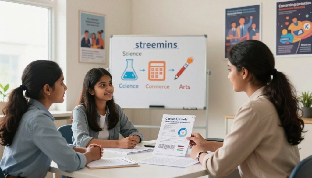 A bright and welcoming career counseling room designed for Indian students. In the foreground, a professional career counselor is seated at a clean desk, attentively discussing with two students dressed in smart casual attire, reflecting interest and engagement. On the desk, there are organized papers and a prominent career aptitude test booklet, illustrating detailed graphics and charts. In the middle, a whiteboard displays vibrant infographics highlighting various streams—Science, Commerce, and Arts—paired with symbols representing each field, like a beaker, calculator, and paintbrush. The background features a well-lit room with motivational posters on the walls, emphasizing education and career growth. The atmosphere is focused and inspiring, with soft, natural lighting coming from a nearby window, casting a warm glow over the scene.