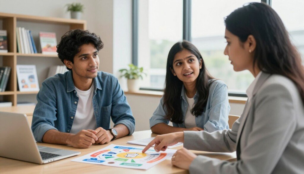 A bright, modern career counseling office, with two Indian students engaged in a discussion with a professional counselor. In the foreground, the counselor, a middle-aged woman in professional attire, is pointing to a colorful career options chart on the table, which illustrates various fields like business, finance, and entrepreneurship. The students, one male and one female, are dressed in smart casual clothes, showing curiosity and excitement. In the middle ground, a bookshelf filled with educational materials and course brochures. The background features a large window with soft, natural light streaming in, creating an inviting atmosphere. The overall mood is empowering and focused, emphasizing guidance and opportunity for young learners.