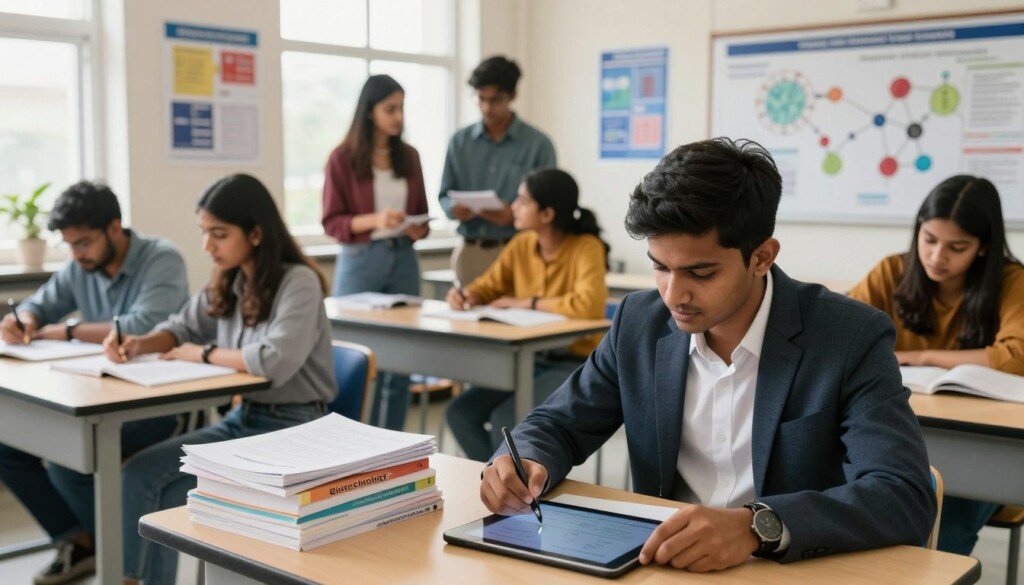 A bustling study environment in a modern Indian educational context, showcasing a diverse group of students engaged in preparation for biotechnology entrance exams. In the foreground, a focused male student with short hair, wearing professional business attire, studies with a stack of textbooks labeled 'Biotechnology', while jotting notes on a digital tablet. The middle-ground features a diverse group of female and male students in modest casual clothing discussing study strategies, surrounded by scientific posters and a large wall chart with biological diagrams. The background depicts a bright and well-lit classroom with large windows, emphasizing a sense of ambition and determination. The atmosphere is inspiring and educational, with natural light illuminating the room, highlighting the importance of these entrance exams in shaping their futures. A bustling study environment in a modern Indian educational context, showcasing a diverse group of students engaged in preparation for biotechnology entrance exams. In the foreground, a focused male student with short hair, wearing professional business attire, studies with a stack of textbooks labeled 'Biotechnology', while jotting notes on a digital tablet. The middle-ground features a diverse group of female and male students in modest casual clothing discussing study strategies, surrounded by scientific posters and a large wall chart with biological diagrams. The background depicts a bright and well-lit classroom with large windows, emphasizing a sense of ambition and determination. The atmosphere is inspiring and educational, with natural light illuminating the room, highlighting the importance of these entrance exams in shaping their futures.