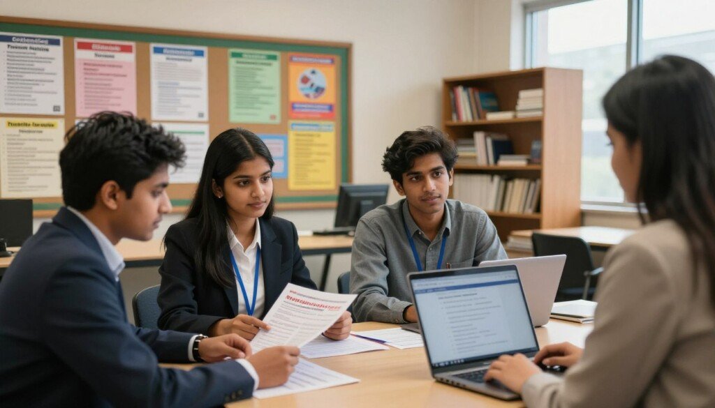 A busy college career counseling office filled with Indian students engaging in discussions about industrial training opportunities. In the foreground, two students in professional business attire review a brochure on internships, while another student talks to a counselor, presenting a laptop with job listings. In the middle, a bulletin board filled with colorful flyers showcasing various industrial training programs, including companies and workshops. The background features shelves with career resources and books. Soft, natural lighting filters through large windows, creating a warm and inviting atmosphere. The scene conveys professionalism, education, and hopefulness for future careers, emphasizing the importance of college resources in finding industrial training. A busy college career counseling office filled with Indian students engaging in discussions about industrial training opportunities. In the foreground, two students in professional business attire review a brochure on internships, while another student talks to a counselor, presenting a laptop with job listings. In the middle, a bulletin board filled with colorful flyers showcasing various industrial training programs, including companies and workshops. The background features shelves with career resources and books. Soft, natural lighting filters through large windows, creating a warm and inviting atmosphere. The scene conveys professionalism, education, and hopefulness for future careers, emphasizing the importance of college resources in finding industrial training.