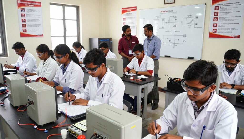 A classroom setting dedicated to ITI course practical training, featuring Indian students engaged in hands-on learning. In the foreground, a diverse group of students in professional attire, such as lab coats and safety goggles, work on technical equipment and tools related to various trades like welding, electrical systems, and automotive repair. In the middle ground, a whiteboard displays diagrams and instructions, while instructors guide the students with focus and encouragement. The background shows a well-equipped lab with posters of safety procedures and career pathways. Soft, natural lighting illuminates the room, creating a bright and inviting atmosphere. The angle is slightly elevated to capture the collaborative spirit of the training environment and the active participation of students in their learning journey. A classroom setting dedicated to ITI course practical training, featuring Indian students engaged in hands-on learning. In the foreground, a diverse group of students in professional attire, such as lab coats and safety goggles, work on technical equipment and tools related to various trades like welding, electrical systems, and automotive repair. In the middle ground, a whiteboard displays diagrams and instructions, while instructors guide the students with focus and encouragement. The background shows a well-equipped lab with posters of safety procedures and career pathways. Soft, natural lighting illuminates the room, creating a bright and inviting atmosphere. The angle is slightly elevated to capture the collaborative spirit of the training environment and the active participation of students in their learning journey.