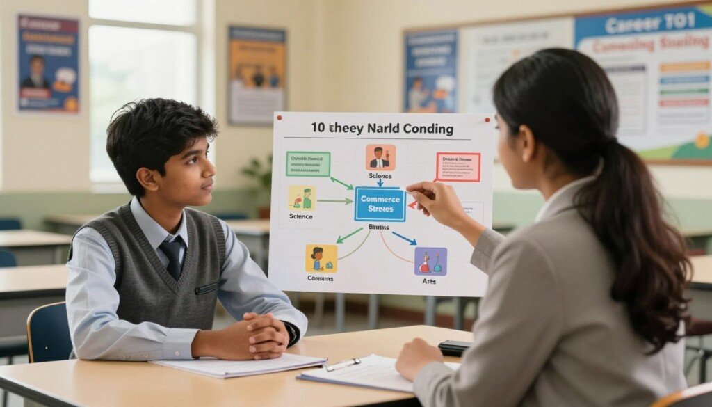 A clean and educational setting featuring an Indian student at a career counseling session. In the foreground, the student, dressed in professional attire, sits attentively at a table across from a career counselor, who is gesturing towards a colorful chart displaying various career paths after 10th grade. The middle ground features the chart filled with graphics depicting different streams, such as science, commerce, and arts, in an organized manner. The background showcases a well-lit classroom with motivational posters on the walls, emphasizing the journey of making informed decisions. The atmosphere should be focused and encouraging, with soft, natural lighting casting a warm glow, evoking a sense of hope and clarity for the future.