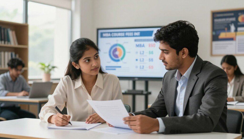 A clean and professional scene depicting Indian students in a modern educational setting, discussing MBA course fees. In the foreground, two diverse students in professional attire, a young woman in a smart blouse and a young man in a tailored suit, are reviewing documents on a sleek table. In the middle ground, there are charts and infographics related to MBA fees displayed on a digital screen. The background showcases a bright and inviting classroom environment with bookshelves and motivational posters about career development. Soft natural lighting filters through large windows, creating an optimistic and focused atmosphere. The image should evoke a sense of enthusiasm for pursuing higher education while demonstrating professionalism and academic ambition.
