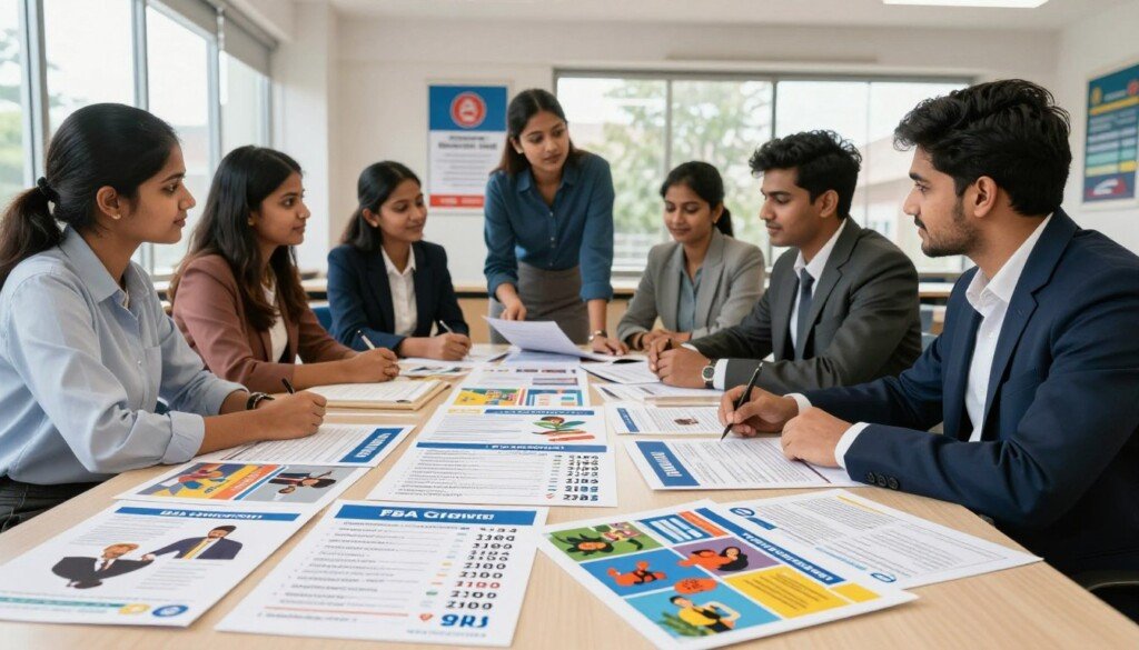 A clean, educational scene showcasing a BBA course fees structure in a contemporary Indian college setting. In the foreground, a table covered with neatly arranged brochures and informational pamphlets detailing various BBA programs and their corresponding fees, with vibrant images of key subjects like finance and marketing. In the middle, a diverse group of Indian students dressed in professional business attire discussing the brochures, reflecting enthusiasm and focus. The background features a modern classroom with educational posters about career options, and natural light streaming through large windows, creating an inviting atmosphere. The scene captures a professional and motivational tone, embodying the spirit of learning and career planning for future BBA students. A clean, educational scene showcasing a BBA course fees structure in a contemporary Indian college setting. In the foreground, a table covered with neatly arranged brochures and informational pamphlets detailing various BBA programs and their corresponding fees, with vibrant images of key subjects like finance and marketing. In the middle, a diverse group of Indian students dressed in professional business attire discussing the brochures, reflecting enthusiasm and focus. The background features a modern classroom with educational posters about career options, and natural light streaming through large windows, creating an inviting atmosphere. The scene captures a professional and motivational tone, embodying the spirit of learning and career planning for future BBA students.