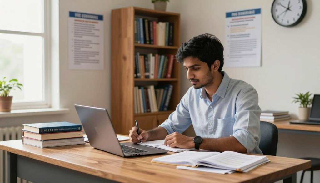 A cozy, well-lit study room featuring an Indian student sitting at a modern wooden desk, surrounded by books and study materials on MBA entrance exams. The student, dressed in professional casual attire, is focused on a laptop, taking notes from a study guide. Educational posters can be seen on the walls, showcasing tips and strategies for exam preparation. In the background, a bookshelf filled with business and management literature emphasizes the academic atmosphere. Soft, natural lighting coming through a window creates a warm and inviting mood, while a digital clock on the wall shows time management. The overall vibe is one of dedication and organization, capturing the essence of effective exam preparation amidst a busy schedule.