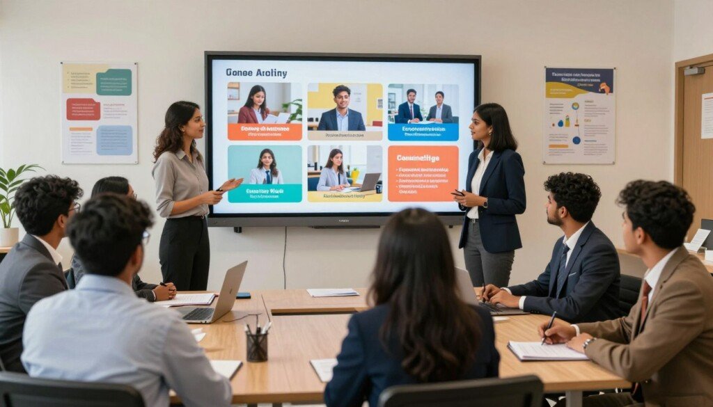A diverse group of Indian students, dressed in professional business attire, are engaged in a lively career counseling session. In the foreground, a knowledgeable counselor demonstrates various career paths in the humanities, showcasing visuals of public speaking, social work, education, and research. The middle ground features a large, interactive board with vibrant images representing these career options, like students working in classrooms, counseling offices, and cultural institutions. The background includes a modern classroom setting with educational posters on the walls, promoting a clean and motivational atmosphere. Soft, warm lighting illuminates the space, creating an inviting mood that encourages curiosity and exploration of diverse opportunities. The image conveys a sense of professionalism, education, and vibrant engagement in the humanities field.