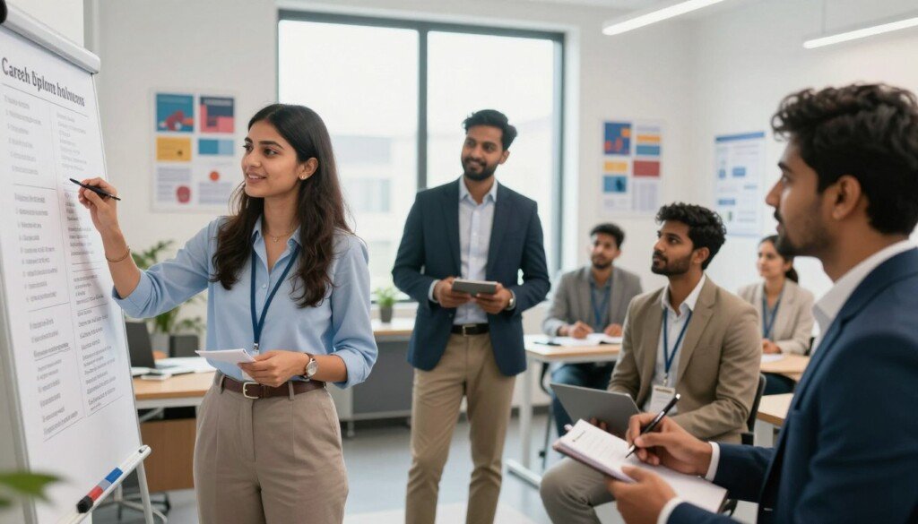 A diverse group of Indian students in professional attire engaged in a dynamic career counseling session, highlighting various career paths for diploma holders. In the foreground, a confident young woman gestures towards a chart showcasing different job roles, while a young man takes notes, captivated. In the middle ground, a diverse mentor, dressed in smart business casual, explains opportunities in fields like engineering, design, healthcare, and IT. The background features a bright, modern office environment with motivational posters on the walls and a large window allowing natural light to flood the space, creating a warm and inspiring atmosphere. The mood is optimistic and professional, emphasizing growth and potential.