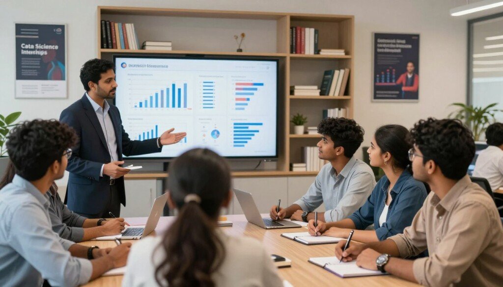 A dynamic and engaging scene depicting a group of Indian university students gathered in a modern office space for a career counseling session focused on data science internships. In the foreground, a mentor in professional business attire is guiding a diverse group of students, who are dressed in smart casual clothing, attentively taking notes and discussing their aspirations. The middle layer features a large screen displaying data visualizations and charts, emphasizing the practical aspects of data science. The background includes shelves filled with books on data science and statistics, alongside inspirational posters about career growth. The lighting is bright and inviting, with a soft-focus effect on the background to create a warm and professional atmosphere, capturing the hopeful and ambitious spirit of securing internships in the tech industry.