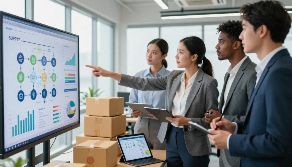 A dynamic and focused representation of supply chain management, featuring a professional team of diverse individuals in smart business attire collaborating around a large digital screen displaying supply chain metrics, graphs, and logistics maps. In the foreground, a serious-looking woman points to the screen while discussing with her colleagues, who are actively engaged. In the middle ground, stacks of shipping boxes and a digital tablet with data analysis tools display a high-tech environment. The background showcases a sleek office space with modern furnishings and large windows letting in natural light, creating a bright and productive atmosphere. The image captures a mood of professionalism, teamwork, and innovation, with a crisp focus and well-balanced lighting that highlights the subjects and their surroundings.